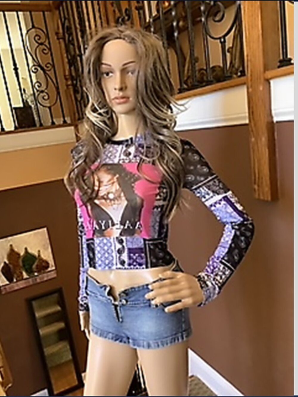 NWOT- Aaliyah women's patchwork mesh crop top / belly shirt, size M